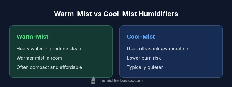 A side-by-side infographic showing warm-mist vs cool-mist humidifiers in a home